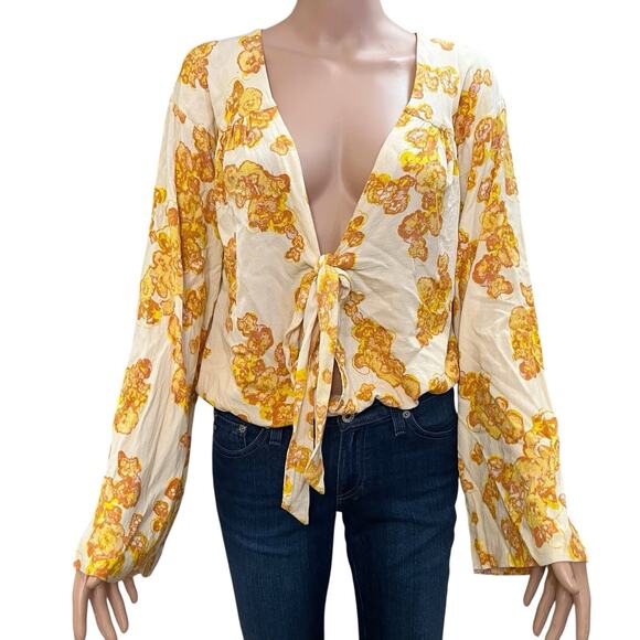 Intimately Free People Forties Feels Bodysuit Large Floral Tied Bell Sleeve - Picture 1 of 9